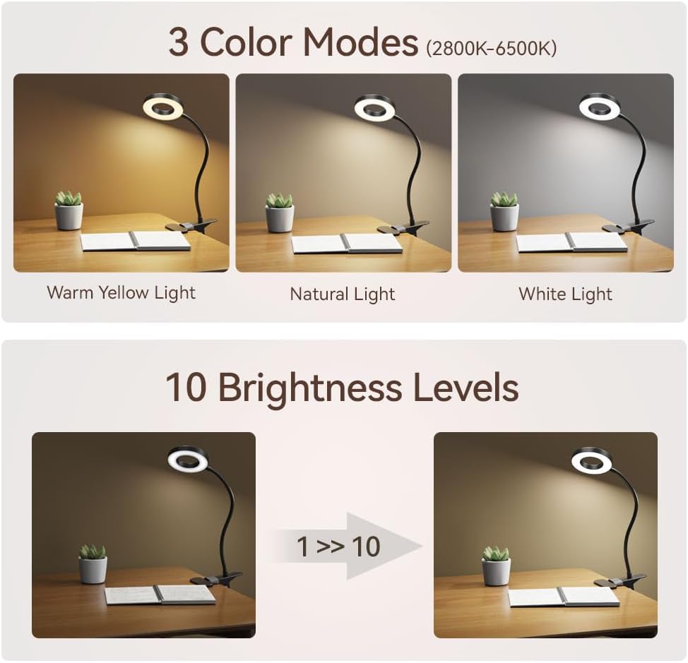 LED Desk Lamp Clip on Light with 3 Color Modes 10 Brightness Ring/Clam