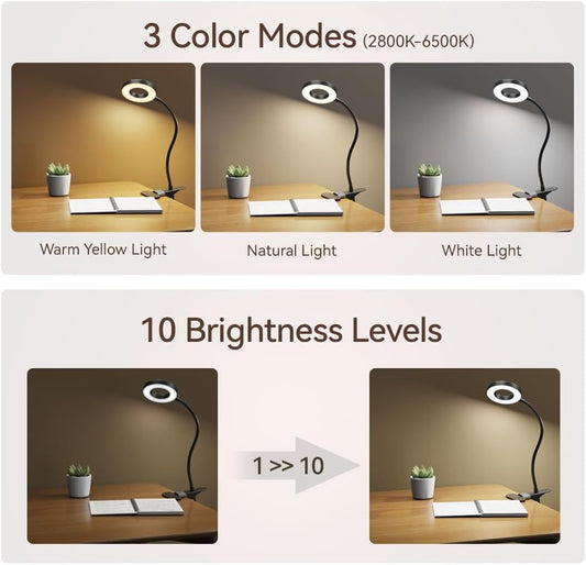 LED Desk Lamp Clip on Light with 3 Color Modes 10 Brightness Ring/Clam
