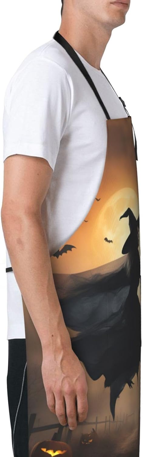 Halloween Witch Flying 2 print Waterproof chef's apron with pocket apron for kitchen cooking baking barbecue and gardening