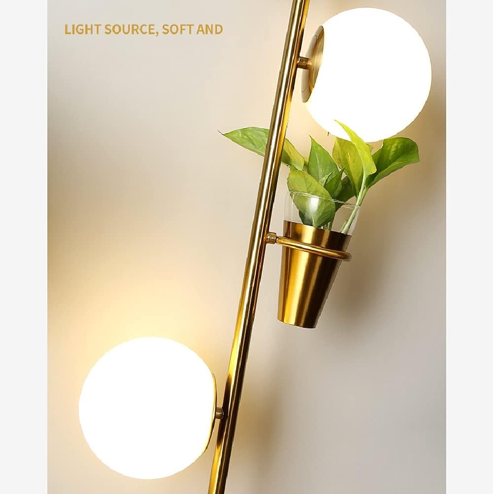 2 Light Floor Lamp Modern 2 Way Lamp with E27 White Glass Shades 2 Metal Plant Pots Tall Lamp Stand for Living Room Bed Room Office 154cm Gold