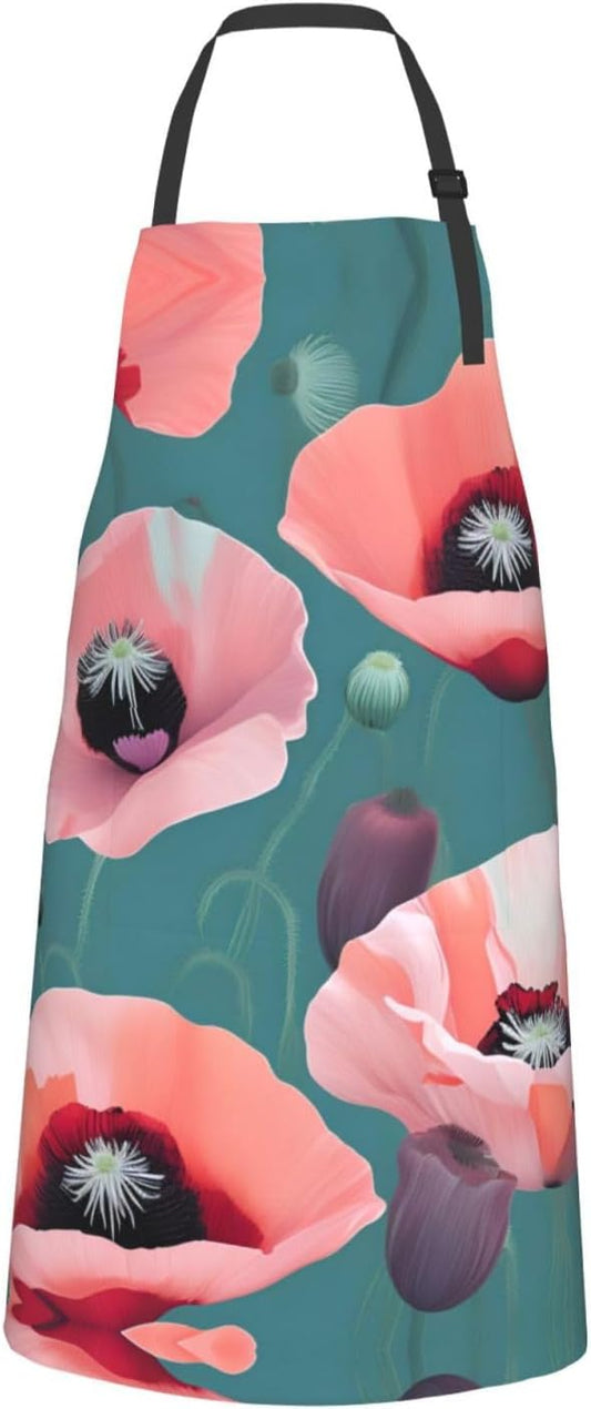 Pastel Poppies print Waterproof chef's apron with pocket apron for kitchen cooking baking barbecue and gardening