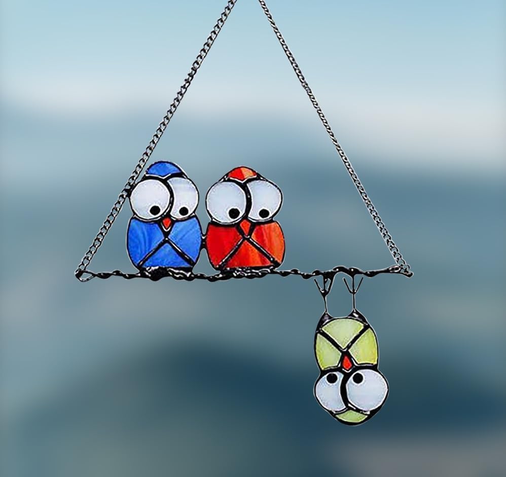 Multicolor Owls on a Wire High Suncatcher Panel, Bird Suncatcher for Windows Panels Hangings Hummingbird Glass Decoration for Wall Home Garden Decor Bird Owl Gift for Owl Lovers