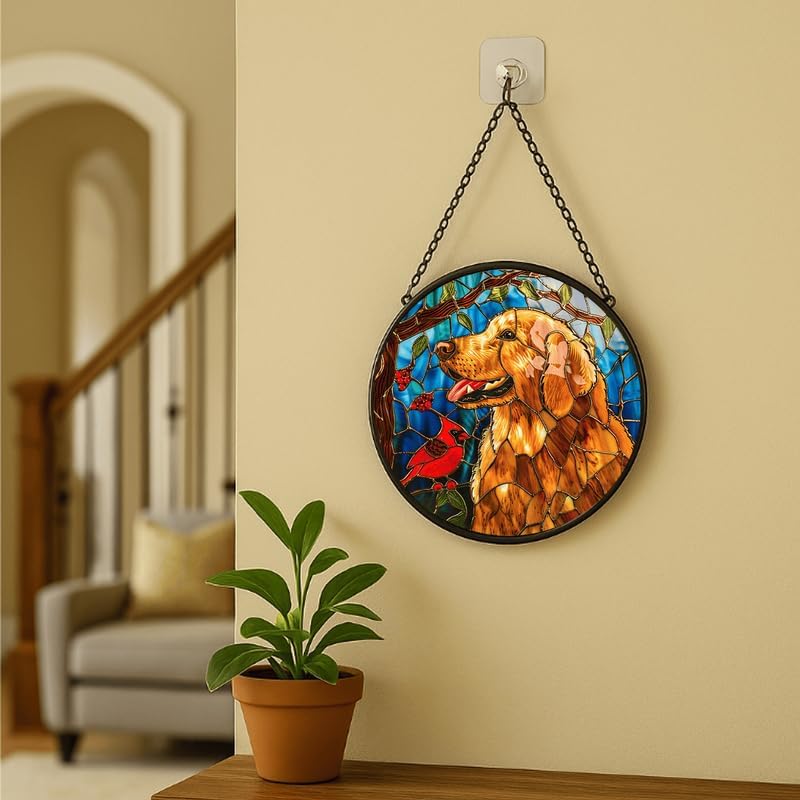 Stained Glass Window Hanging - Golden Retriever & Cardinal Bird 7.8in Sun Catchers Indoor Stained Glass Panels Wall Decor for Mom, Wife, Lovers, Festive