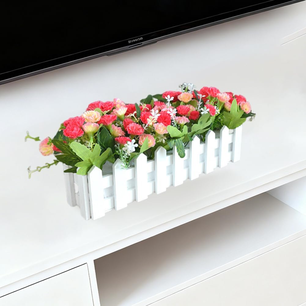 Artificial Carnations Flowers in White Wooden Picket Fence, Faux Silk Flowers with Leaves Fence Pot for Outside Home Planter Porch Patio Yard Office Desk Decor, Rose Red