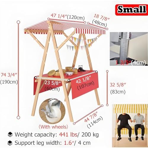 Foldable Portable Food Cart with Wheels - Wooden Outdoor Concession Stand for Hot Dogs, Coffee, Flowers - Ideal for Street Food Vendors & Market Stalls, Easy to Transport