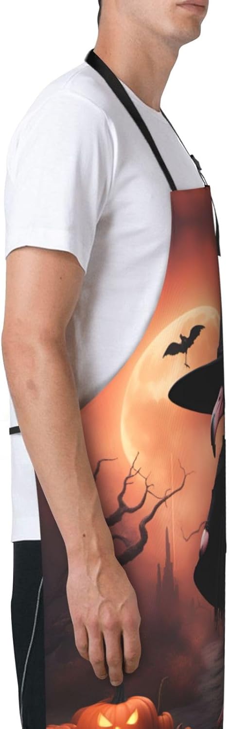 Halloween Flamingo Witch Hat Print 28 x 33in Waterproof Apron with Pockets Fashionable Versatile Smock for Baking