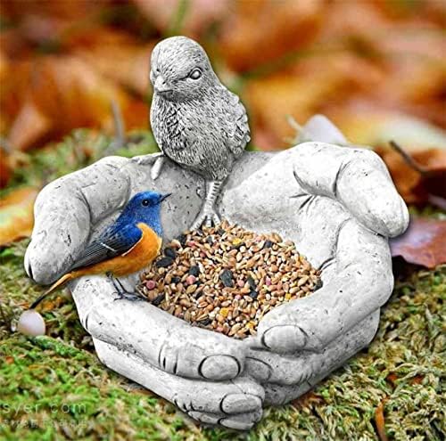 EatingBiting 7.5" Bird Bath Feeder in Hands Stone Garden Patio Ornament Water Decor Hand-Shaped Creative Resin Bird Feeder Outdoor Garden Decorations Ornaments for Porch Pathway Yard