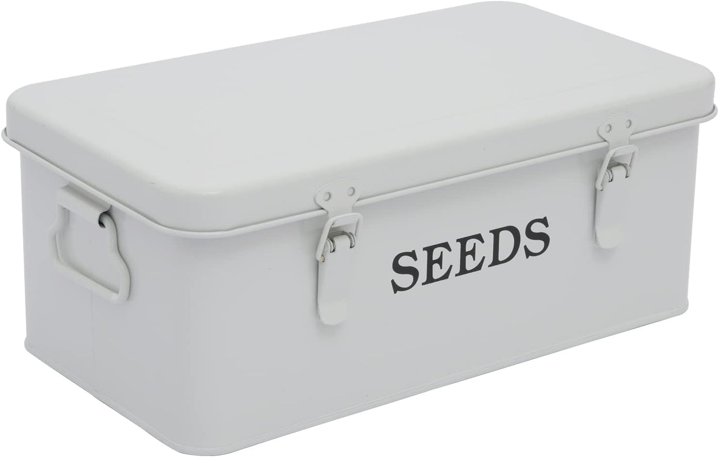 Seed Saving Box, Metal Seed Bin, Seed Storage Organizer, Seed Packet Container with Lid, Seed Envelope Storage Box, 4 Compartments Garden Seed Bin with Safety Locks-White