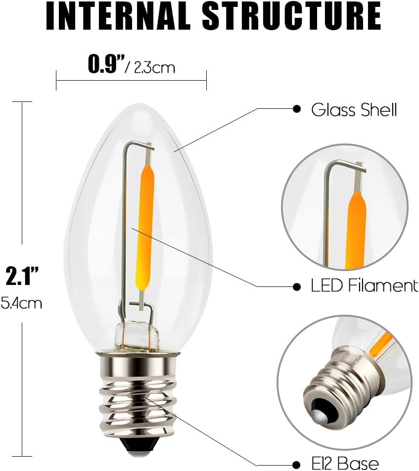 Emotionlite Night Light Bulbs, C7 Candelabra LED Light Bulbs, E12 Chandelier Base, 4W 5W 6W 7W Incandescent Equivalent, Warm White, 2700K, Clear, 4 Pack