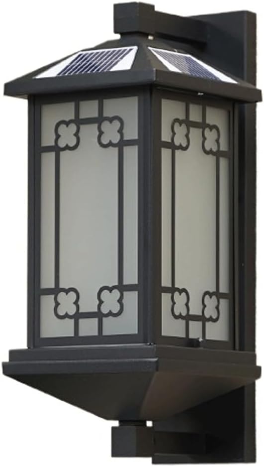 Solar Outdoor Wall Lantern IP65 Waterproof, Black Exterior Sconce Lamp with Auto On/Off, Simple LED Light Fixture, Frosted Tempered Glass Panels for Garden, Courtyard, Patio, Gate, Pathway