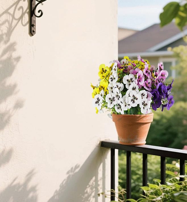 Artificial Fake Pansy Flowers for Outdoor, UV Resistant Faux Silk Pansies Spring Flowers, for Planter Front Door Porch Yard Patio Window Box Home Decor 12 Bundles (Yellow Purple White Pink)