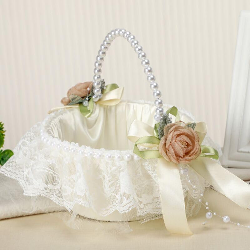 Wedding Flower Girl Basket with Pearl Handle,Satin Flower Storage Basket for Wedding Home Garden Decor (5852, 1)