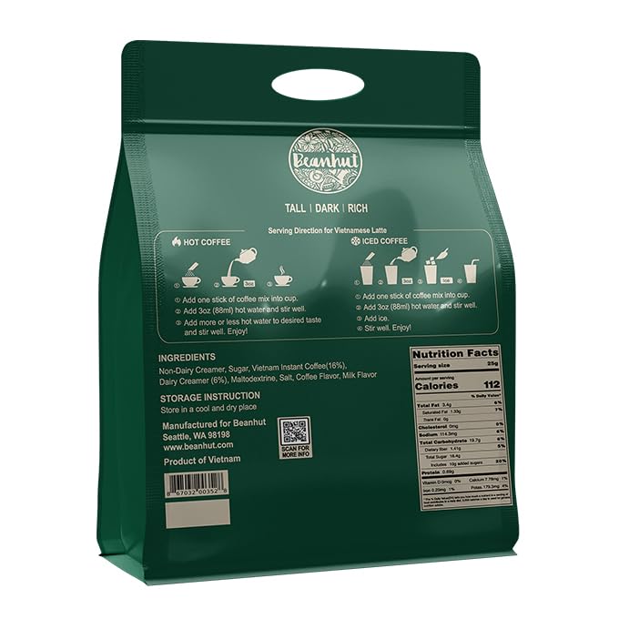 Beanhut's Vietnamese Latte, Instant Coffee Mix, 3 in 1 Coffee Mix, 25g x 50 sticks(2.75 lb)