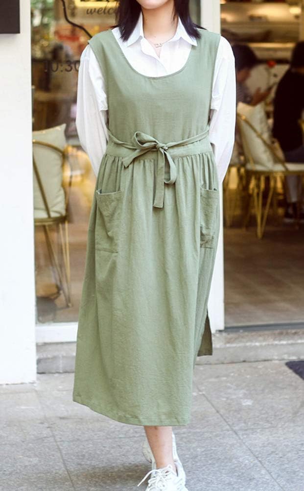 Women Plus Size Cotton Linen Vintage Pleated Split Apron Pinafore Dres