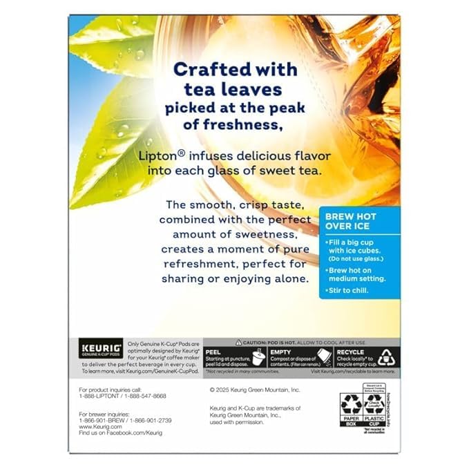 Lipton Southern Sweet Black Tea K-Cup Pods 24-Count Rainforest Alliance Certified Iced Tea for Keurig Coffee Makers with Real Tea Leaves and Natural Sweetness Brew Hot over Ice