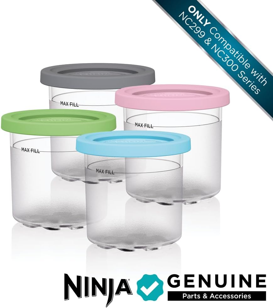 Ninja® CREAMi® Original Pints 4 Pack, Compatible with NC299AMZ & NC300s Series CREAMi® Ice Cream Makers, BPA-Free & Dishwasher Safe, Color Lids, 1 Pint Each, Clear/Grey/Lime/Pink/Aqua, XSKPLD4BCD