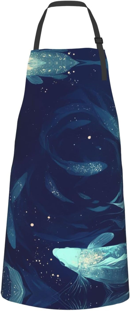 Fish pattern print Waterproof apron with pocket adjustable cooking apron for adult kitchen bibs to bake