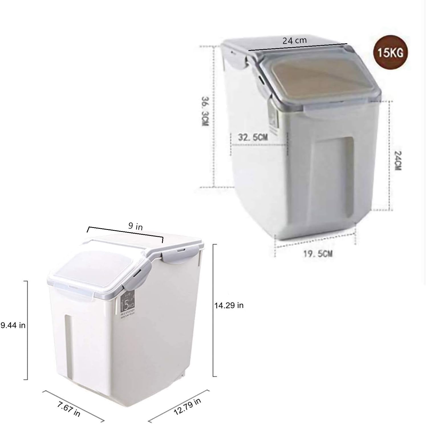 2-Pack 15 Liter Rice Storage Container Bins With PP Locking Lid Large 