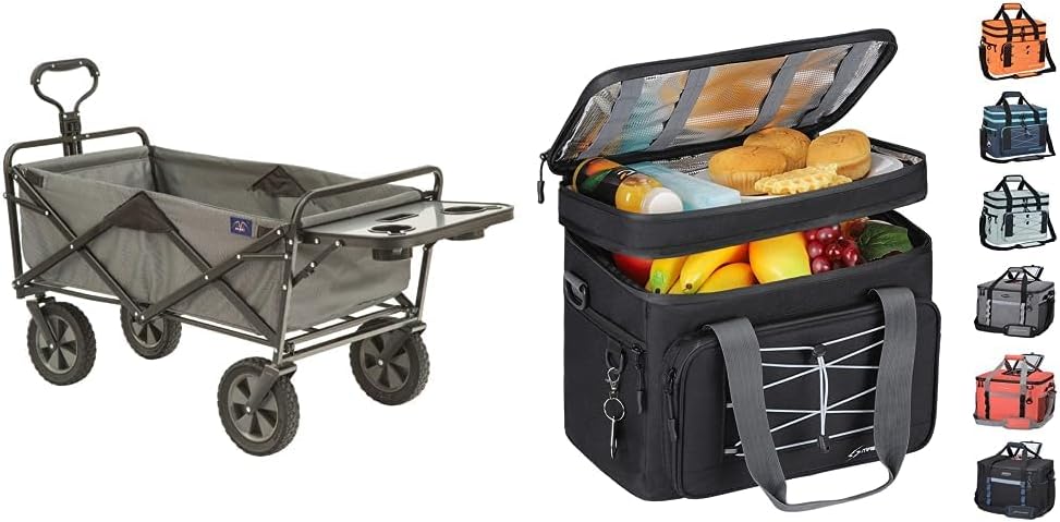 MacSports Collapsible Outdoor Utility Wagon with Folding Table and Drink Holders, Gray and Maelstrom Soft Beach Cooler Bag, Portable Collapsible Soft Sided 30 Cans Leakproof Camping Travel Lunch Cooler Bag for Grocery Shopping,Kayaking