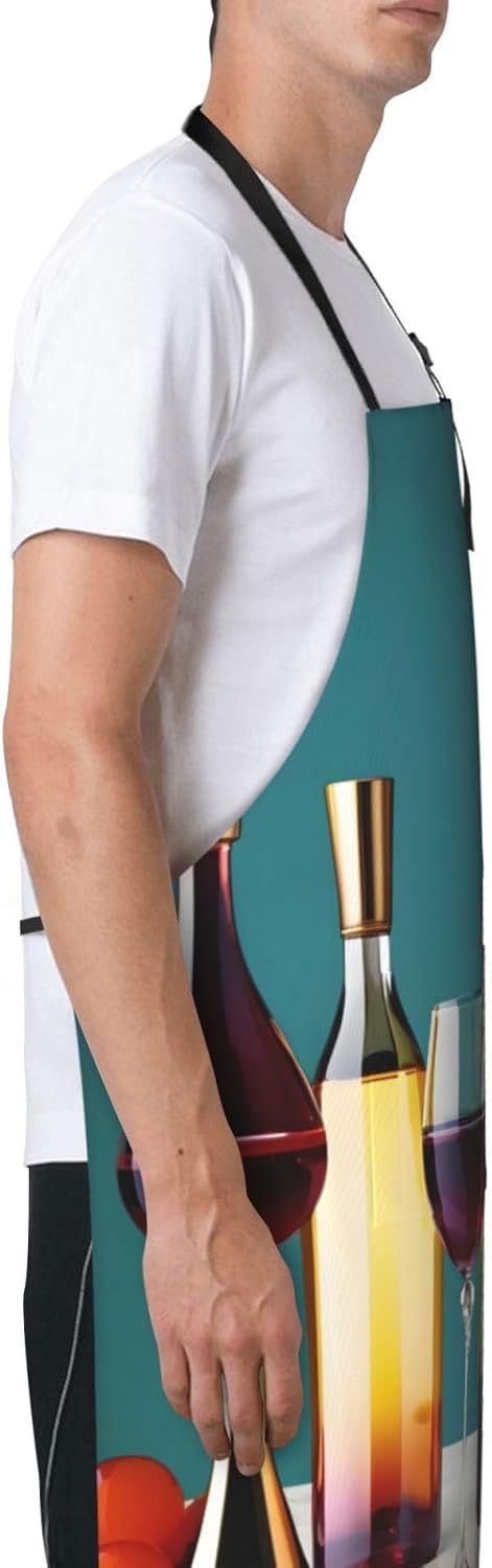 Cocktail Glasses and Wine Bottless Print Laundry apron 28x33 In Waterproof Kitchen Apron with Pockets for Cooking Baking