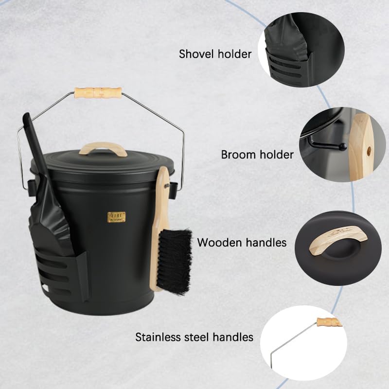 Ash Bucket with Lid and Shovel, Hand Broom and Stick, 5.2 Gallon Large Metal Ash Bucket for Fireplace Tools Set, Fire Pits, Wood Burning Stoves, Indoor and Outdoor, Camping, Grill, Black