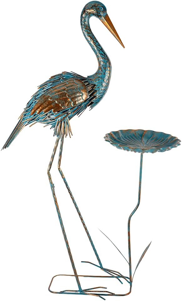 Metal Crane Garden Statue for Outside, Large Heron Outdoor Statues with Leaf Tray, Elegant Crane Yard Art Garden Decor for Garden Yard, Porch(39.37 Tall)