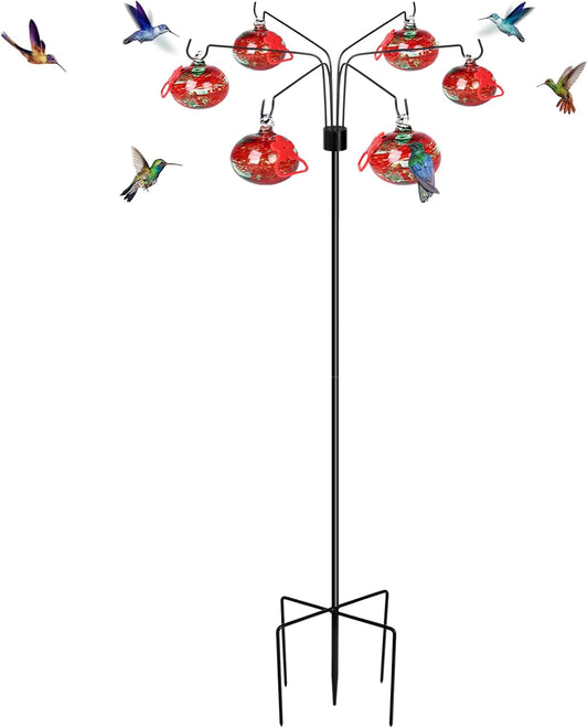Wind Chimes Hummingbird Feeders for Outdoors Hanging(6 Feeding Stations) Hand Blow Glass Hummingbird Feeder with Shepherd Hook,Never Leak,Garden Decor for Outside(Phoenix Tail Red)