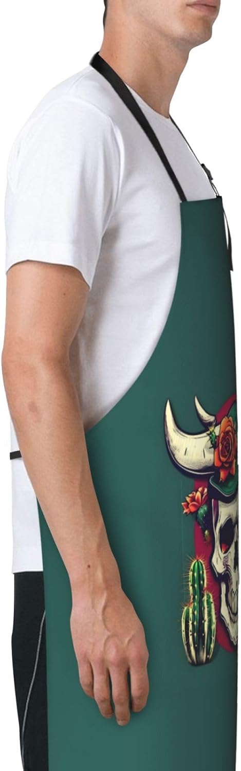 Skull of Bull and Cute Cactus print Waterproof chef's apron with pocket apron for kitchen cooking baking barbecue and gardening