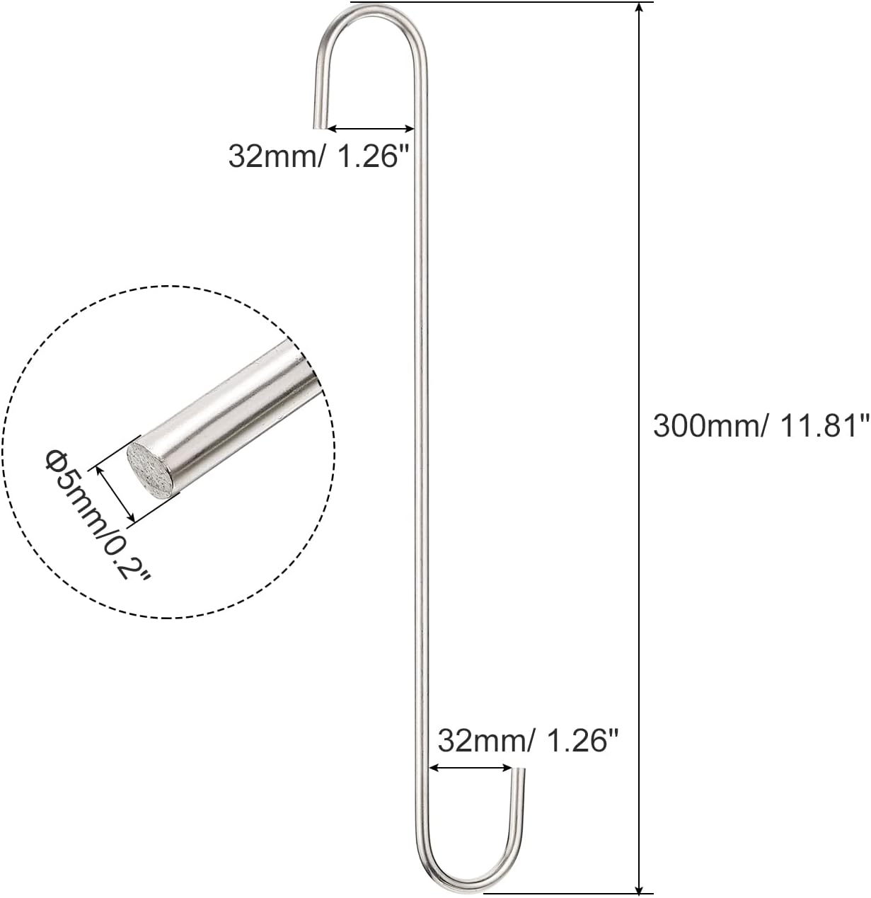 uxcell S Hanging Hooks, 12inch(300mm) Extra Long Steel Hanger, Indoor Outdoor Uses for Garden, Bathroom, Closet, Workshop, Kitchen, Matt Silver, 2Pcs