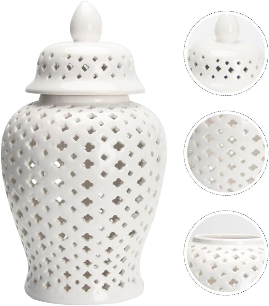 VOSAREA Ginger Jar Traditional Pierced Ginger Jar with Lid Ceramic Vase Carved Lattice Decorative Temple Jar White Ginger Jars for Home Decor