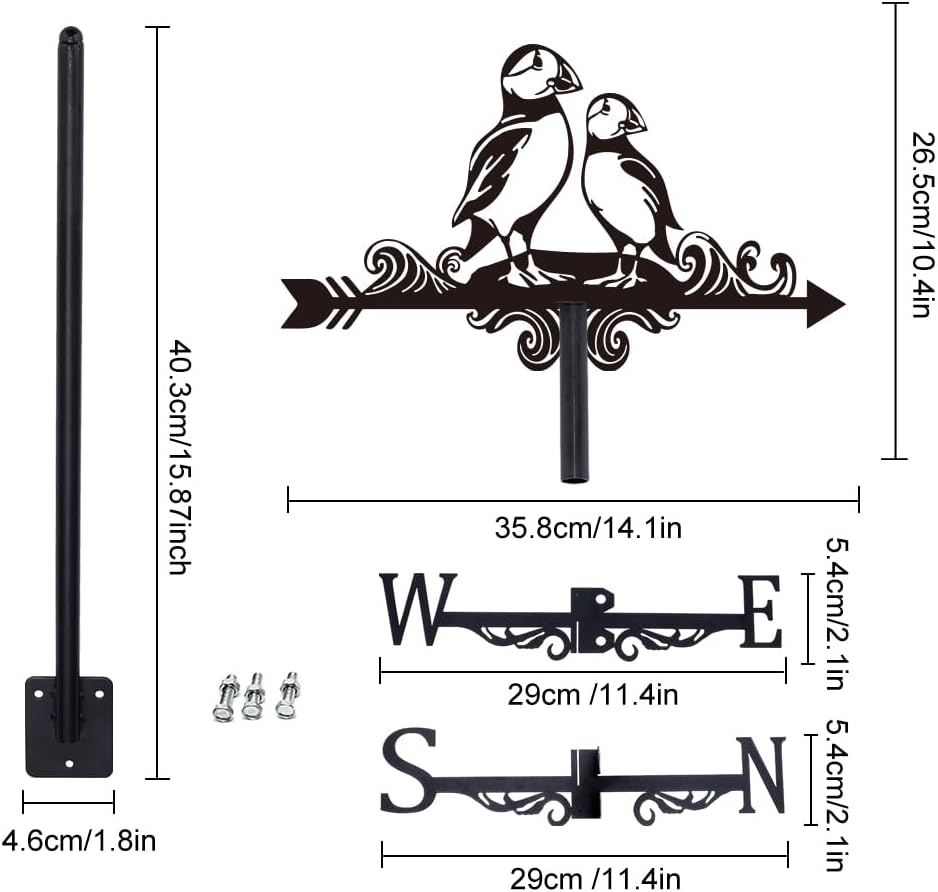 SUPERDANT Puffin Weather Vane Bird Wind Vanes for Yard Animal Metal Weathervane Roof Mount for Gardens Outside Black Weathervanes Farmhouse Farm Barn Sheds Patio Decorations