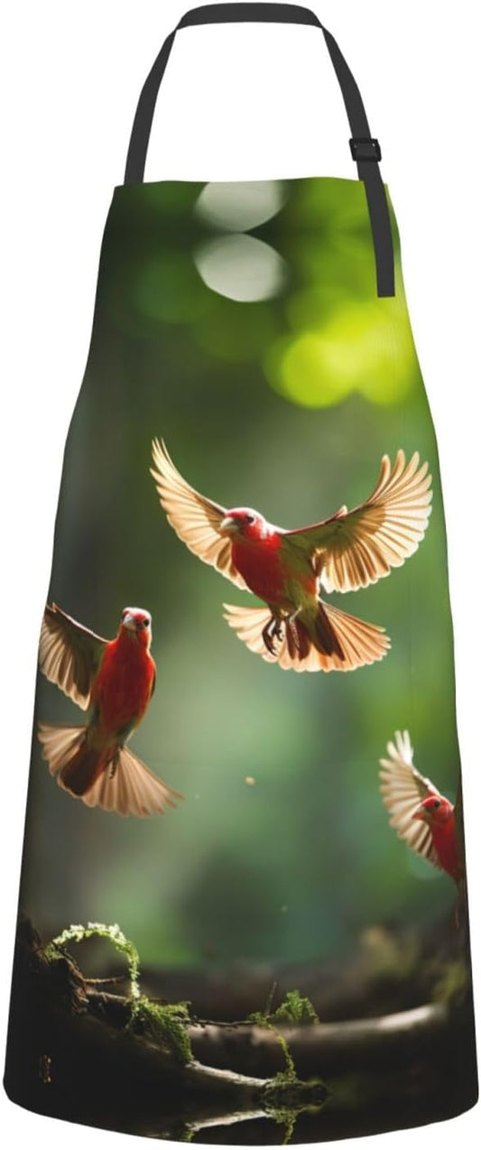 red Birds print Waterproof apron with pocket adjustable cooking apron 