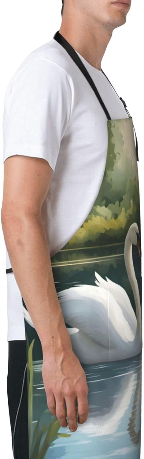 Beautiful White Swans on The Lake Print 28 x 33in Waterproof Apron with Pockets Fashionable Versatile Smock for Baking