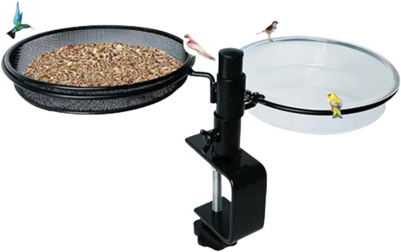 Balcony Bird Feeder, Adjustable Deck Mounted BirdsWater Bowl, 360-Degree Rotatable Feeding Station, Flower Pot Stand for Balcony Bird Bath Outdoor