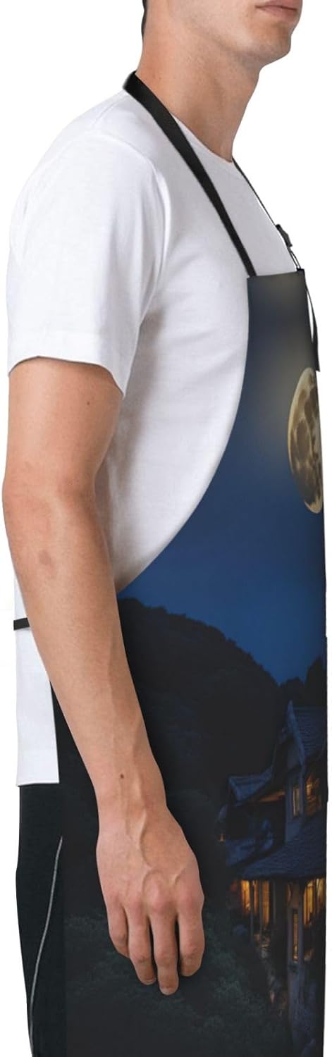 Full Moon in Night print Waterproof chef's apron with pocket apron for kitchen cooking baking barbecue and gardening