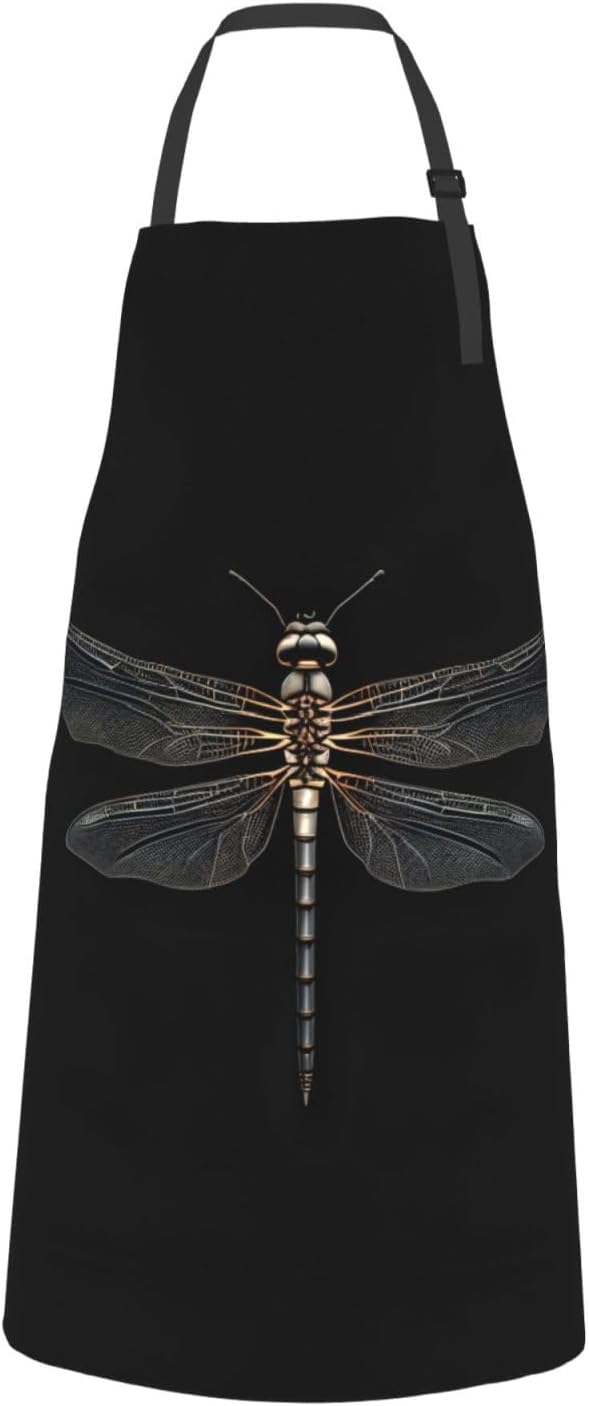 Dragonfly Black print Waterproof apron with pocket adjustable cooking 