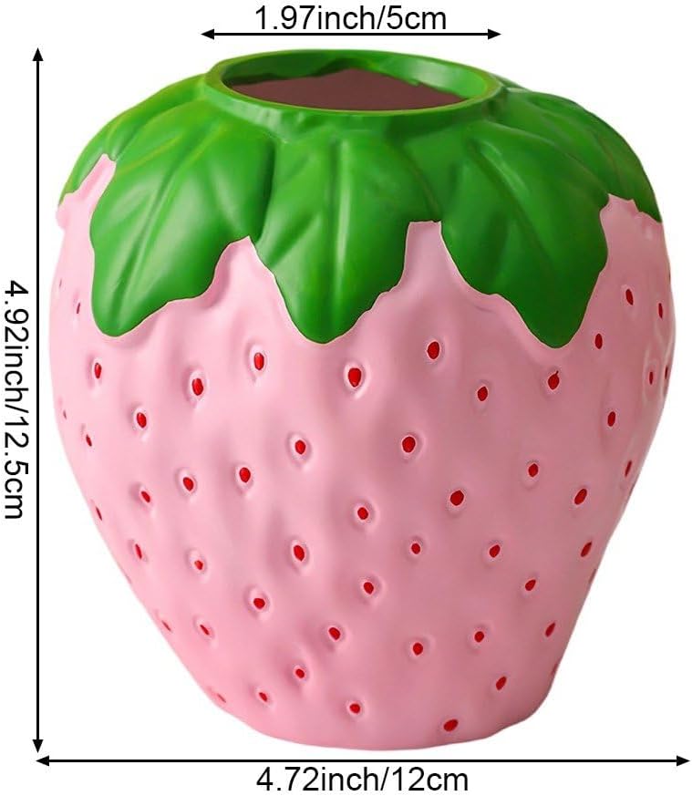 Strawberry Vase for Flowers, Decorative Fruit Vase, Strawberry Shaped Planter Pot with Green Leaves for Table Centerpiece, Spring Home Kitchen Decor