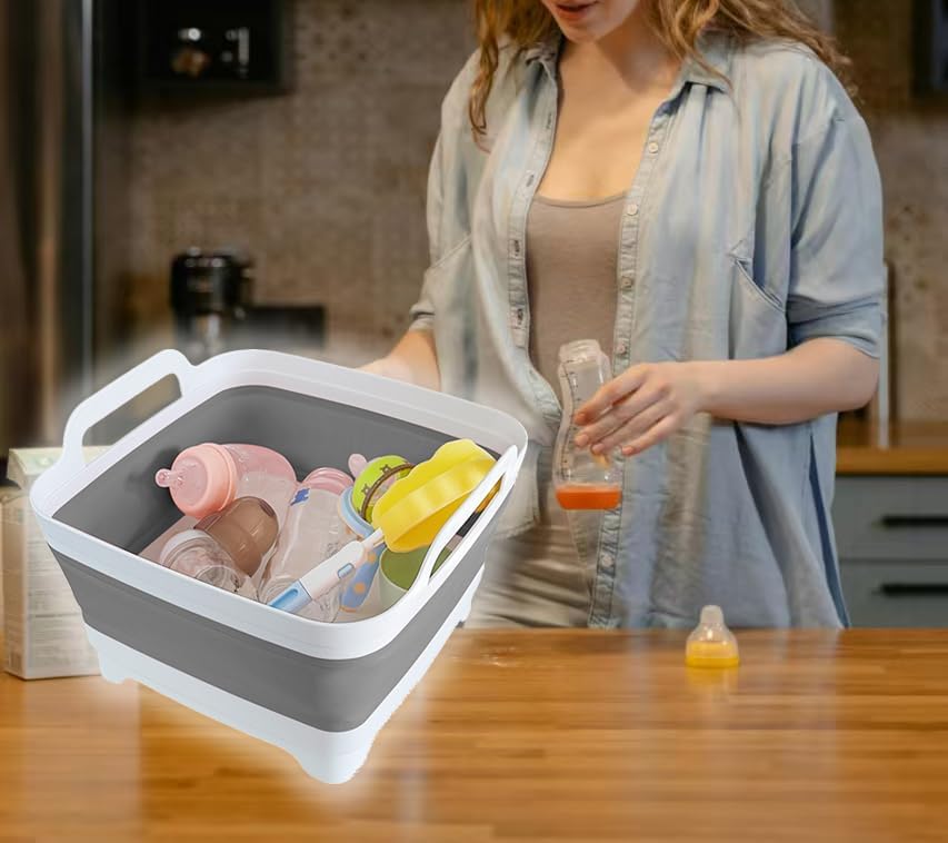 Collapsible Wash Basin with Drain Plug - 2.4 Gallon Foldable Kitchen Sink for Baby Bottles, RV Camping, Space-Saving Dish Tub (Gray)