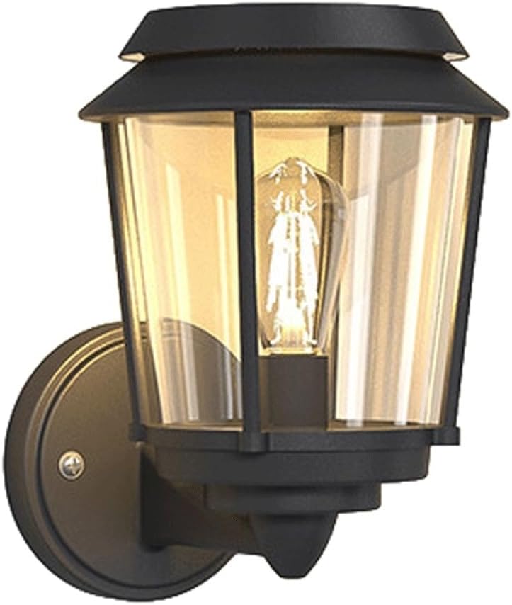Solar Outdoor Wall Sconce Light, IP65 Waterproof Exterior Wall Lantern, Black LED Stainless Steel Wall Lamp with Clear PC Shade, Vintage Wall Mounted Fixture for Porch, Patio, Entryway