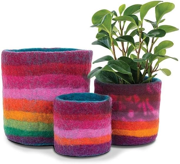Abbott Collection Nepal Rainbow Stripe Planters/Storage Pots. Set of 3 - Wool Felt, Multicolor (4-7" D)