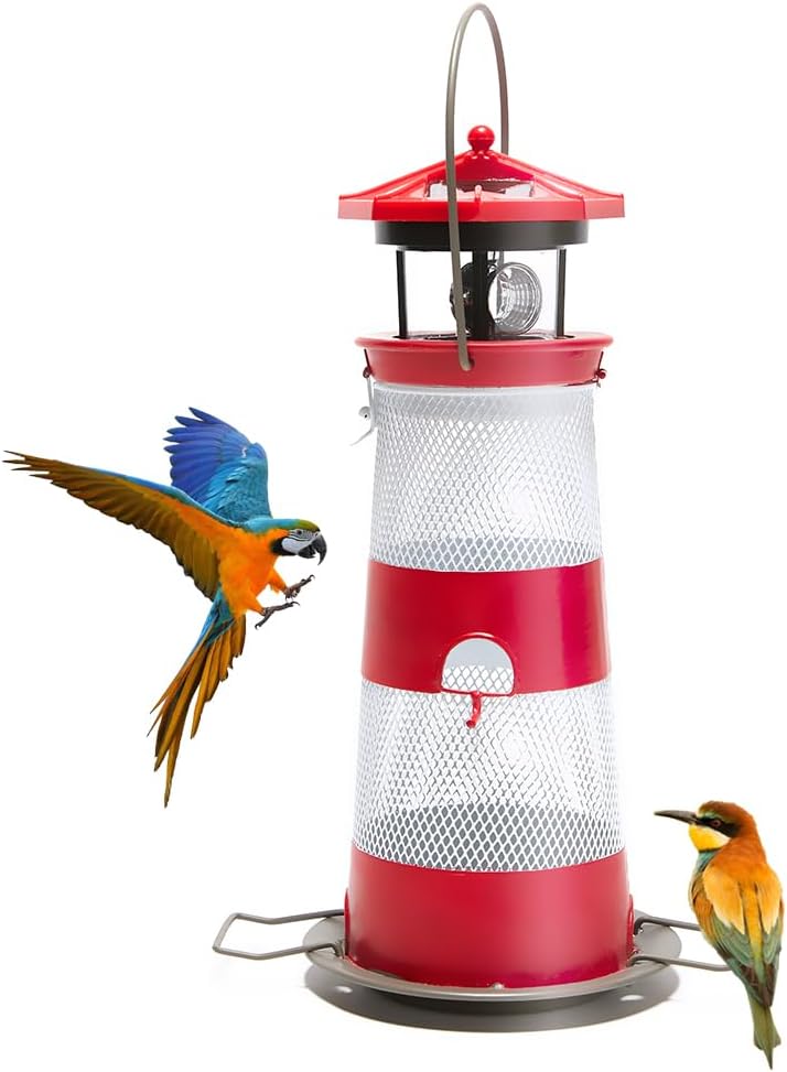 Solar Bird Feeder Lighthouse Hanging Outdoor Birdfeeder Garden Lantern Waterproof LED Lights Backyard Décor Patio Gifts for Bird Lovers (B-Lighthouse, Red)