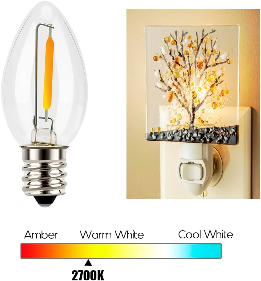 Emotionlite Night Light Bulbs, C7 Candelabra LED Light Bulbs, E12 Chandelier Base, 4W 5W 6W 7W Incandescent Equivalent, Warm White, 2700K, Clear, 4 Pack
