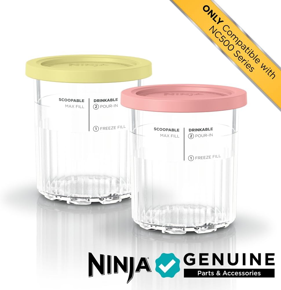 Ninja Creami Deluxe Pints 2 Pack, Compatible with NC500 Series Creami Deluxe Ice Cream Makers, Genuine Ninja Pint, BPA-Free & Dishwasher Safe, Color Lids, 1 Pint Each, Clear/Coral/Yellow, XSKPNTLD2