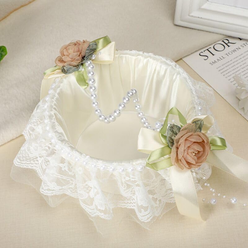 Wedding Flower Girl Basket with Pearl Handle,Satin Flower Storage Basket for Wedding Home Garden Decor (5852, 1)