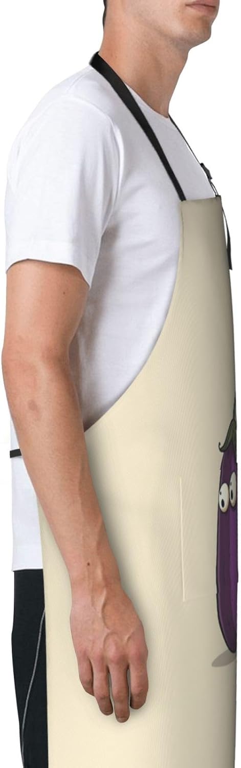 Cartoon Eggplant print Waterproof chef's apron with pocket apron for kitchen cooking baking barbecue and gardening
