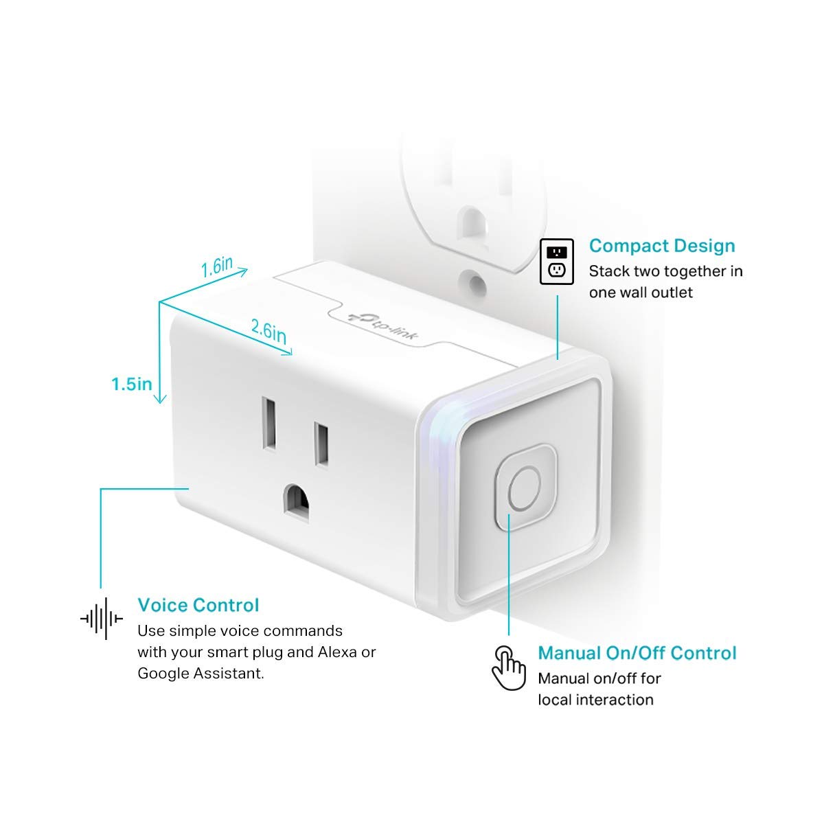 Kasa HS103P2 스마트 플러그, 알렉사, 에코 및 구글 홈 호환, 허브 불필요, 리모컨, 15 Amp, 미국 보험협회 안전시험소(UL) 인증, 2팩