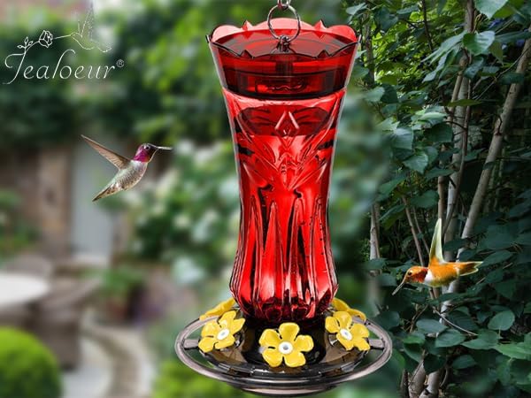Hummingbird Feeders for Outdoors, Durable Hanging Humming Birds Feeders with 6 Bee Guard Feeding Ports & Built-in Ant Moat, Easy to Clean, Ideal for Garden Decor, 18 OZ, (1, Red)