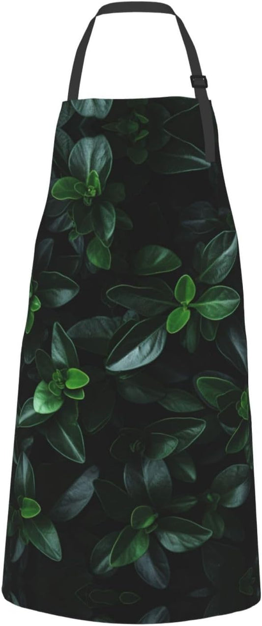 Green Long Leaves print Waterproof apron with pocket adjustable cooking apron for adult kitchen bibs to bake