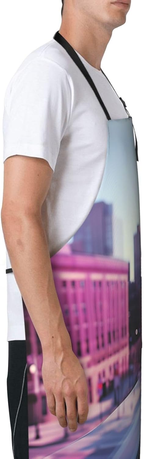 City Night Balcony Skyscrapers print Waterproof apron with pocket adjustable cooking apron for adult kitchen bibs to bake