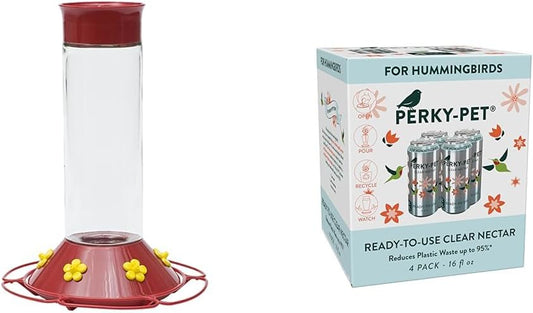 Perky-Pet 209B-1SR Our Best Glass Hummingbird Feeder with Perches, Built-in Ant Moat and Bee Guards - 30 oz+Perky-Pet 522 Ready-to-Use Clear Hummingbird Nectar in 4 Cans,16 oz Recyclable Aluminum Can